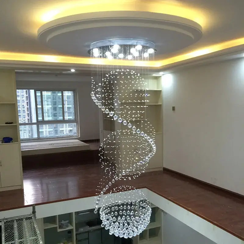 A decorbites crystal chandelier with spiral design featuring clear glass beads and embedded led lights for stylish halls