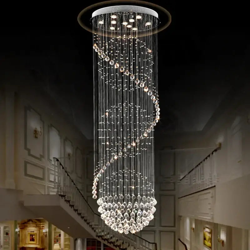 A modern decorbites crystal chandelier with cascading crystal beads and embedded lights for hotel and villa halls