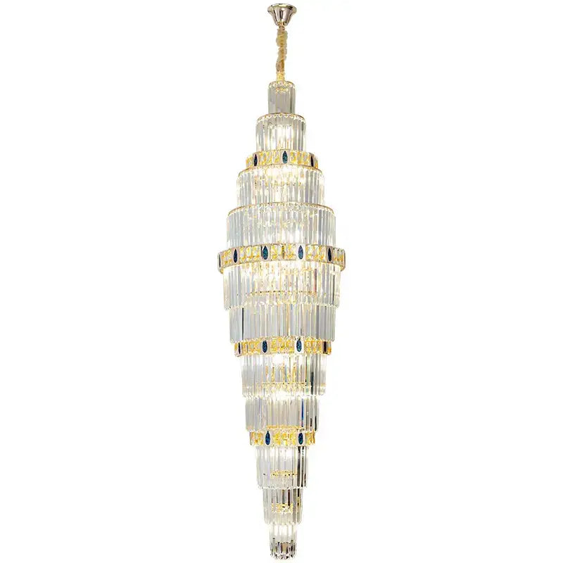 Decorbites crystal chandelier featuring tall tiered design with gold accents and blue gemstones for luxury lighting