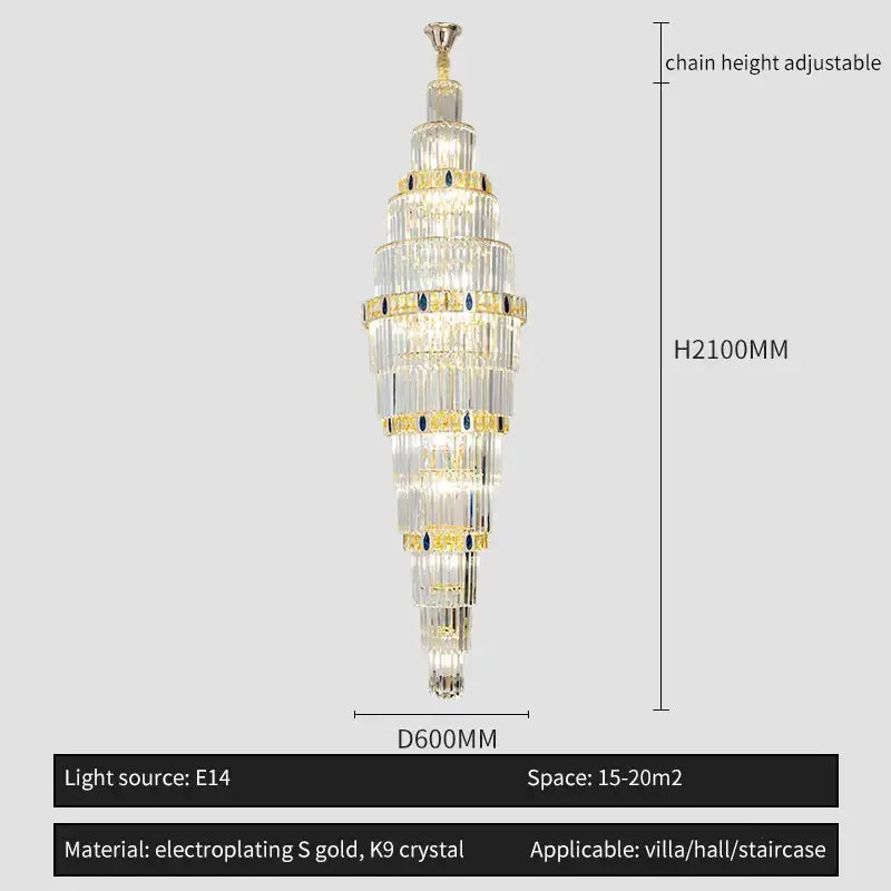 Tall elegant decorbites crystal chandelier with cascading clear k9 crystal tiers and gold electroplated accents