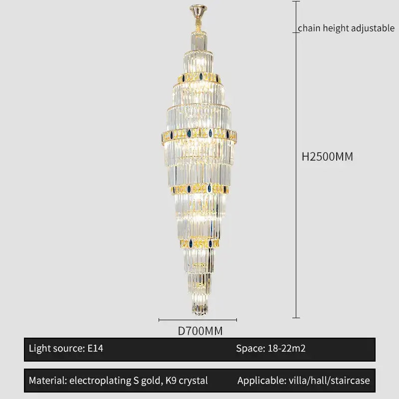 A tall elegant decorbites crystal chandelier with cascading clear k9 crystal and gold electroplated accents