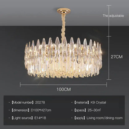 Luxurious decorbites crystal chandelier with 100cm diameter gold-toned mount and cascading k9 crystal teardrop pendants