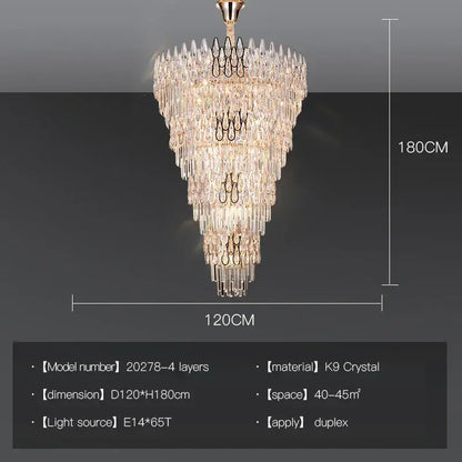 A decorbites crystal chandelier with cascading k9 crystal prisms and gold-toned frame measuring 180cm tall