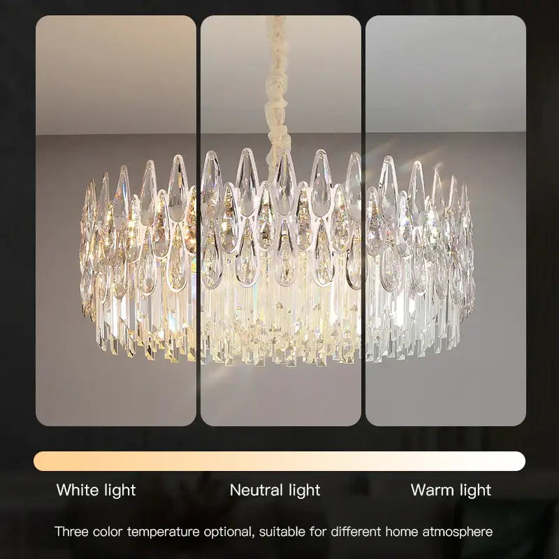 Decorbites crystal chandelier with teardrop glass prisms and braided white cord for post-modern luxury lighting