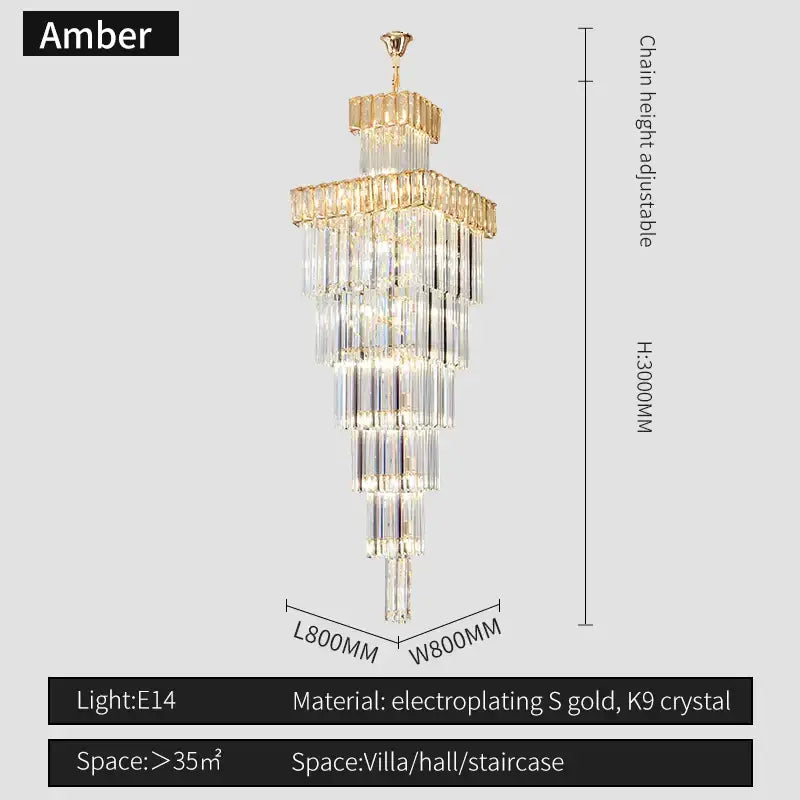 Amber decorbites crystal chandelier with tiered crystal cascades and gold electroplated frame for spiral staircase lighting