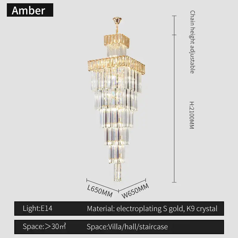 Amber decorbites crystal chandelier with tiered cascading crystal strands and gold-plated metal frame for villa staircase