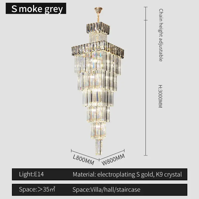Decorbites crystal chandelier with smoke grey tiers, electroplated gold frame, and k9 crystal strands for villa staircases