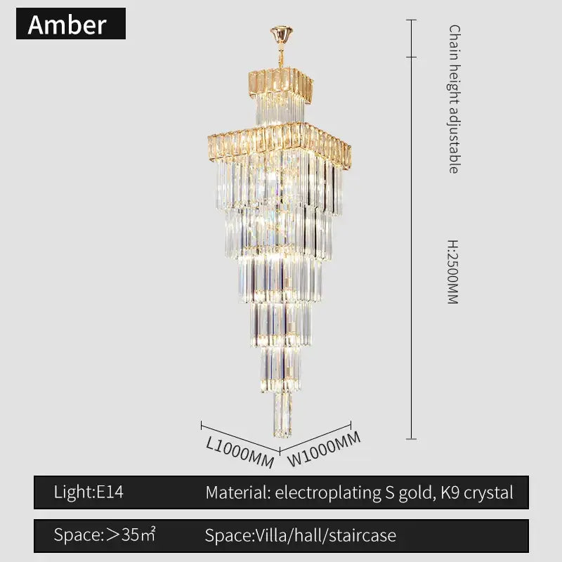 Amber decorbites crystal chandelier with tiered cascading crystal strands and gold electroplated frame for duplex villa staircase