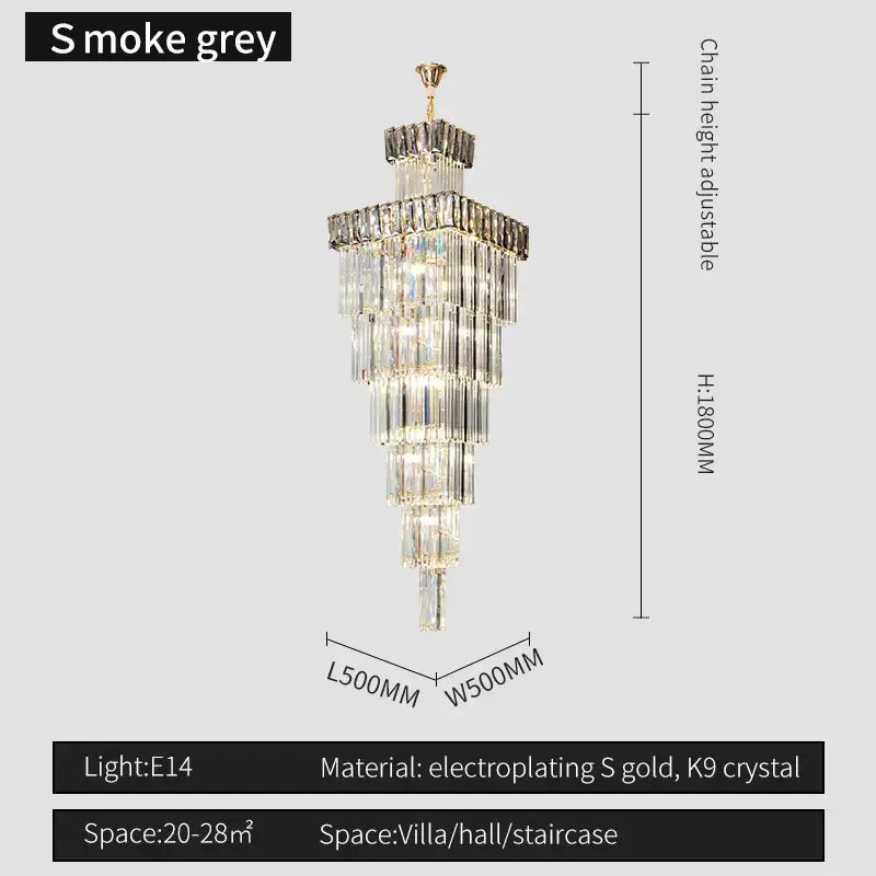 Smoke grey tiered decorbites crystal chandelier with electroplated gold frame and k9 crystals for villa staircases