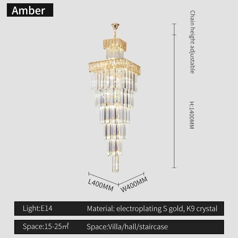 Decorbites crystal chandelier with tiered amber design gold electroplated frame and k9 crystal strands for duplex villas