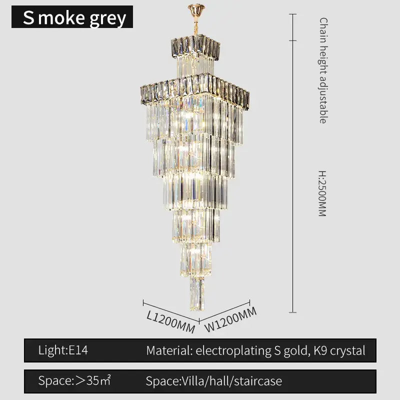 DecorBites crystal chandelier with multi-tiered smoky grey electroplated gold frame and cascading clear k9 crystal rods