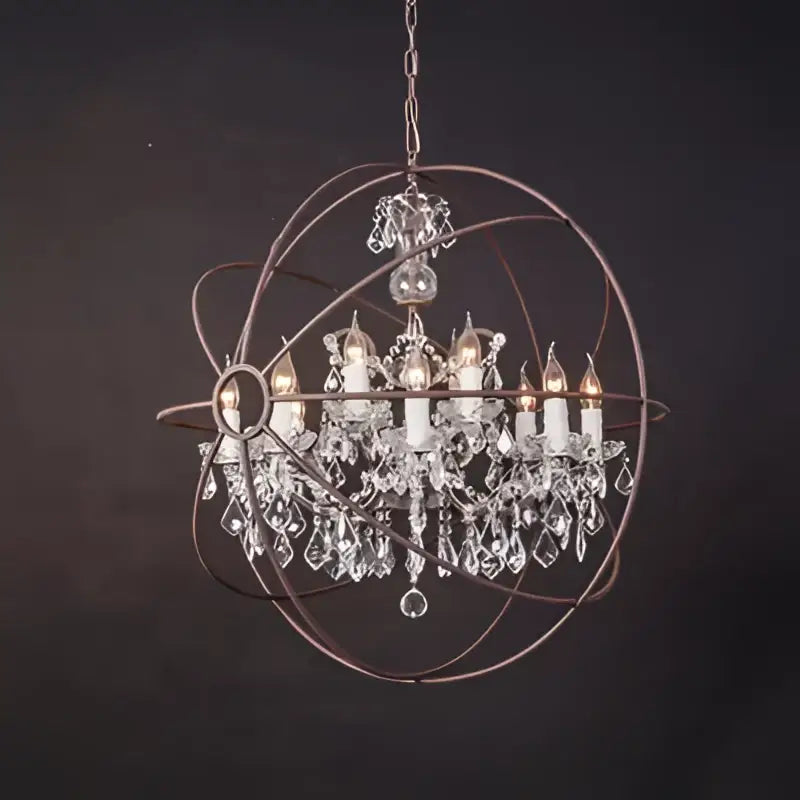 Antique bronze spherical decorbites crystal chandelier with crystal droplets and candle-style bulbs for living room