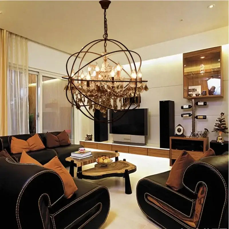 DecorBites crystal chandelier with dark metal frame and dangling crystals for living room bedroom kitchen island lighting