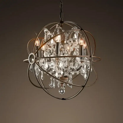 Antique brass sphere decorbites crystal chandelier with candle-style bulbs and crystal droplets for living room use