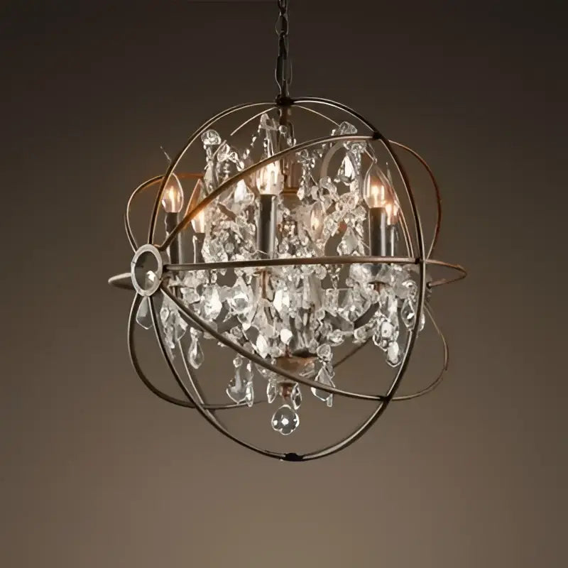 Antique brass sphere decorbites crystal chandelier with candle-style bulbs and crystal droplets for living room use