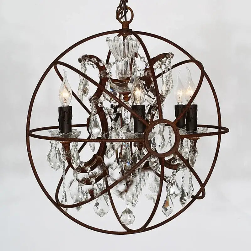 DecorBites crystal chandelier bronze sphere with intricate wireframe and crystal droplets for living room and kitchen