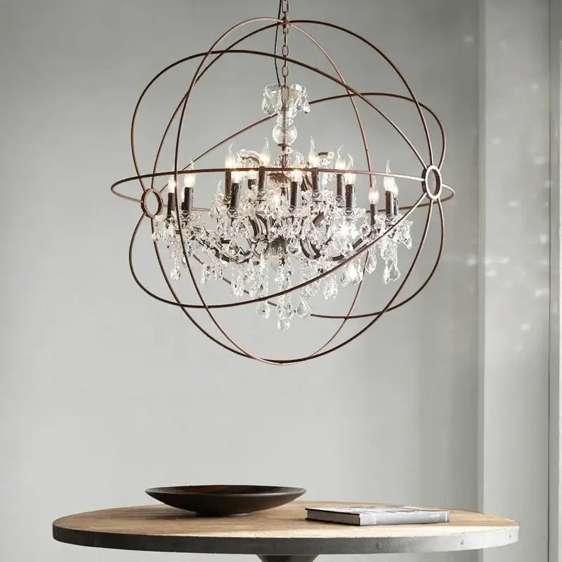 Decorbites crystal chandelier bronze spherical wireframe design with crystal droplets for living room bedroom kitchen island