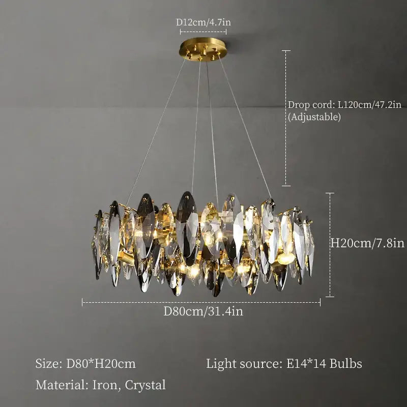 DecorBites crystal chandelier with faceted crystal and gold metal in a circular design for living room and dining table lighting