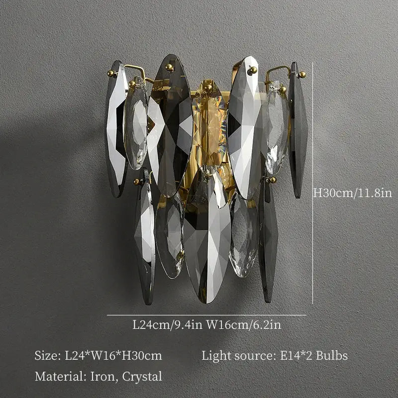 Gold-toned decorbites crystal chandelier wall sconce with clear and smoky gray faceted crystal leaves for elegant living room lighting