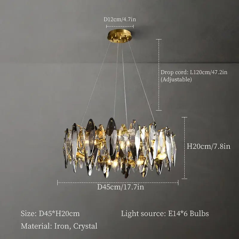A decorbites crystal chandelier with a gold-toned iron frame and cascading clear frosted and dark crystal shards