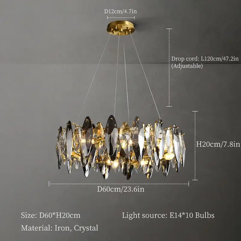 Elegant gold-toned decorbites crystal chandelier with cascading crystal shards and iron frame for living room lighting