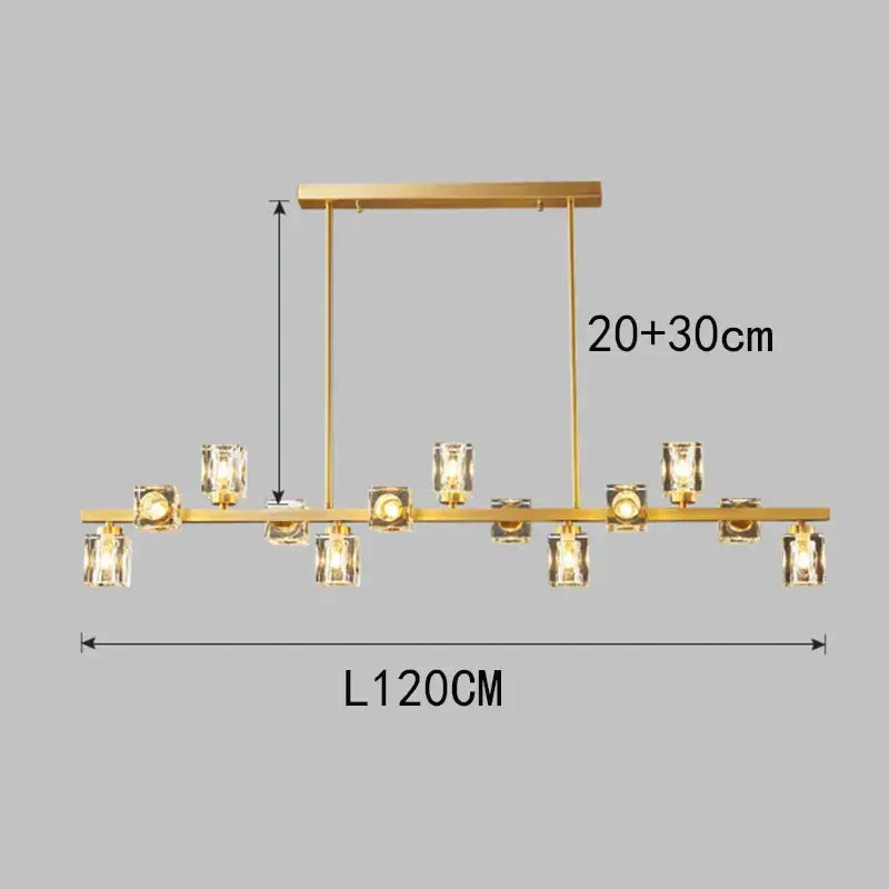 Gold-toned decorbites crystal chandelier with a sleek horizontal bar and clear glass candle shades for living and dining rooms