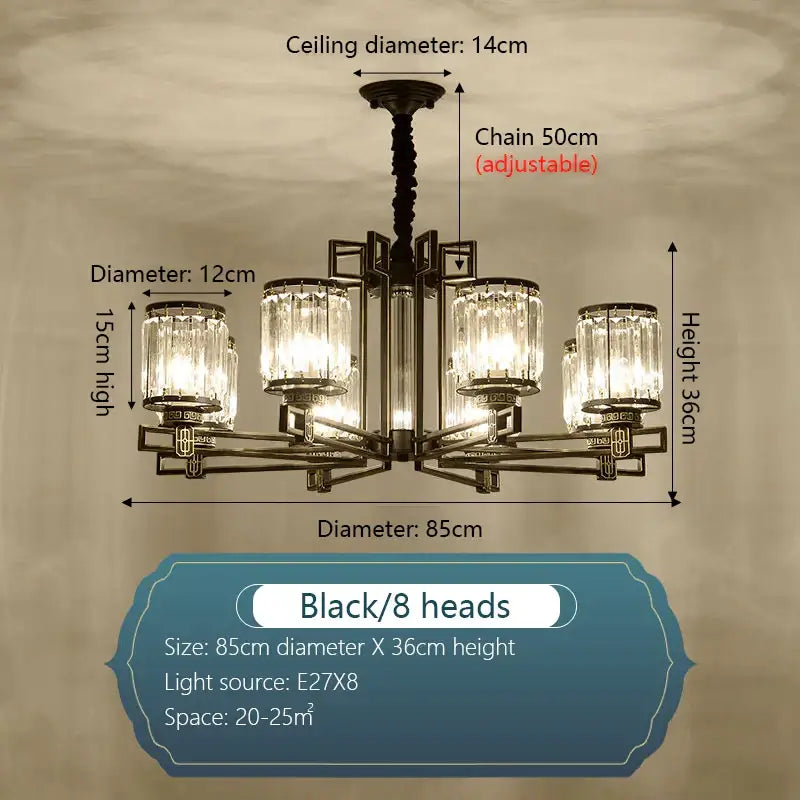 Black wrought iron decorbites crystal chandelier with eight crystal glass shades for living room and bedroom lighting