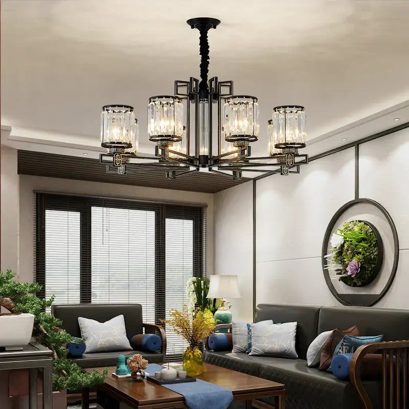 Black wrought iron decorbites crystal chandelier with crystal glass shades for living room bedroom and study lighting