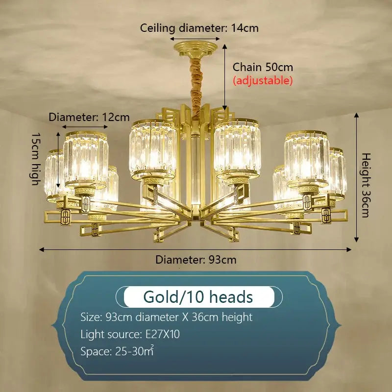 Gold-colored decorbites crystal chandelier with ten crystal glass shades and adjustable chain for elegant living spaces