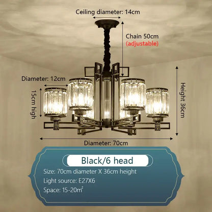 Black wrought iron decorbites crystal chandelier with six crystal glass shades for living room and bedroom lighting