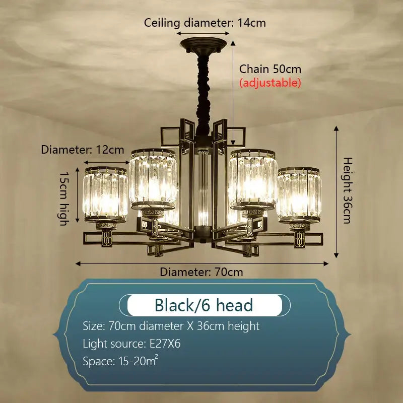 Black wrought iron decorbites crystal chandelier with six crystal glass shades for living room and bedroom lighting