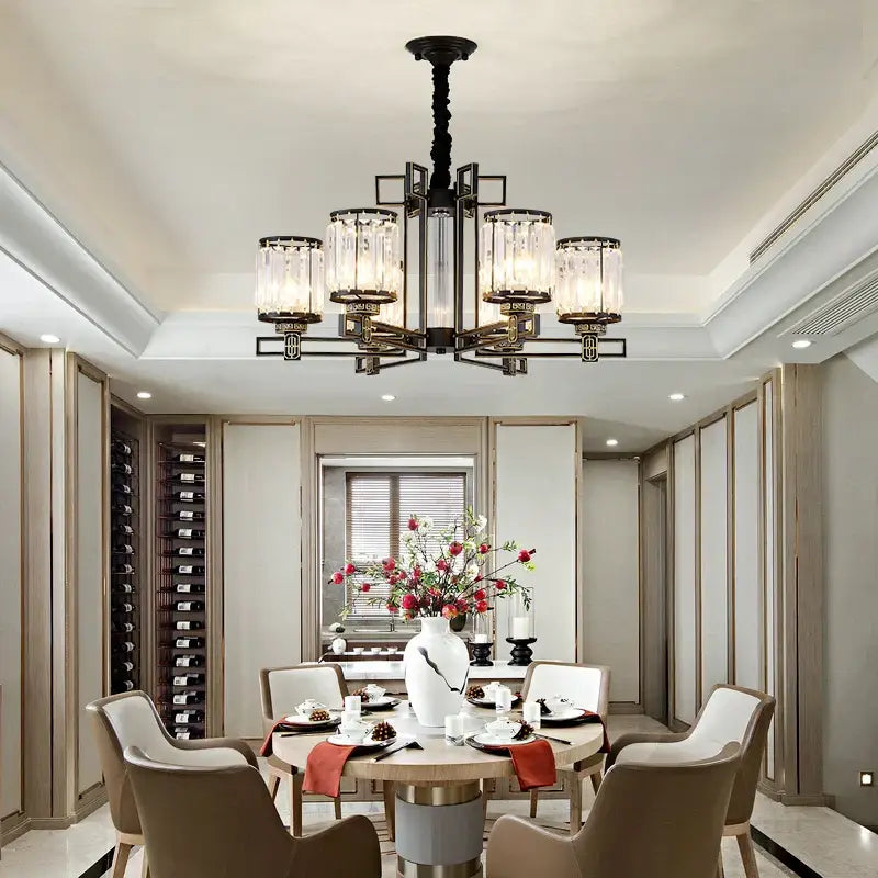 Black wrought iron DecorBites crystal chandelier with clear glass shades for elegant living room and bedroom lighting