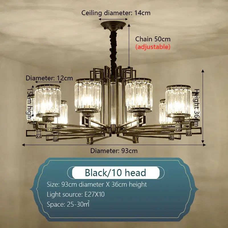 Black metal decorbites crystal chandelier with ten crystal glass shades for elegant living room bedroom lighting