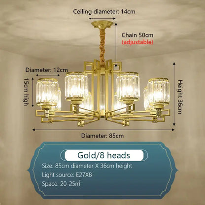 Gold-colored decorbites crystal chandelier with eight crystal glass shades and adjustable chain for elegant lighting