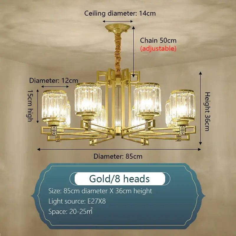 Gold-colored decorbites crystal chandelier with eight crystal glass shades and adjustable chain for elegant lighting
