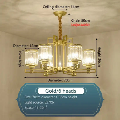 Gold-colored DecorBites crystal chandelier with six clear glass shades and twisted chain for elegant living spaces