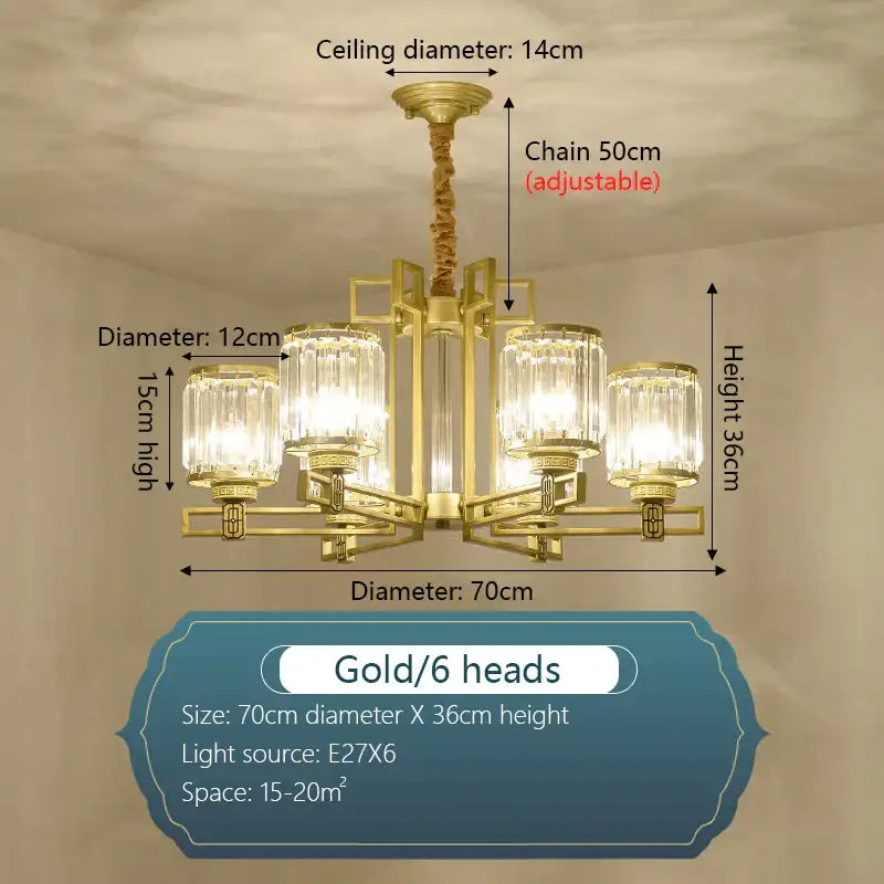 Gold-colored DecorBites crystal chandelier with six clear glass shades and twisted chain for elegant living spaces