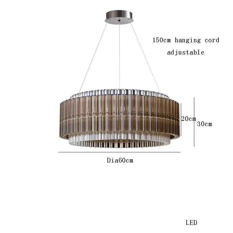 Modern two-tiered decorbites crystal chandelier with amber and clear glass rods and adjustable led cord for living room decor