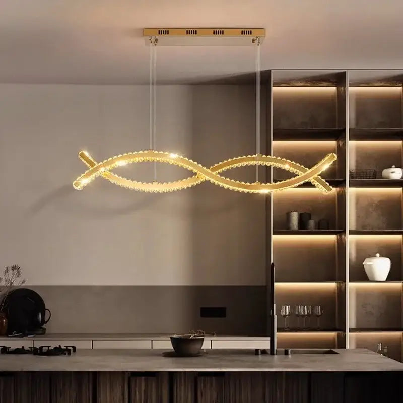 Golden modern pendant light with intertwined design and crystal accents in decorbites crystal chandelier style