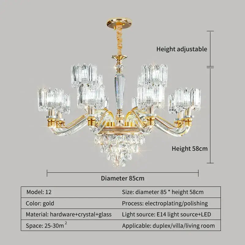 Gold-finished decorbites crystal chandelier with crystal accents and height-adjustable design for living rooms and bedrooms