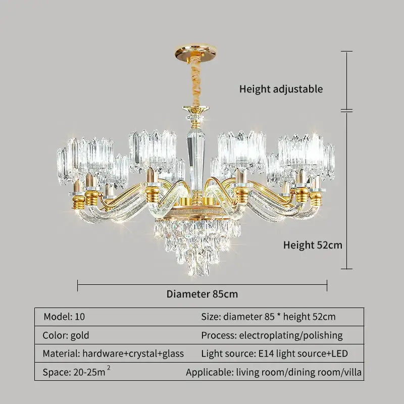 Gold-finished decorbites crystal chandelier with crystal accents and height-adjustable design for living and bedroom use