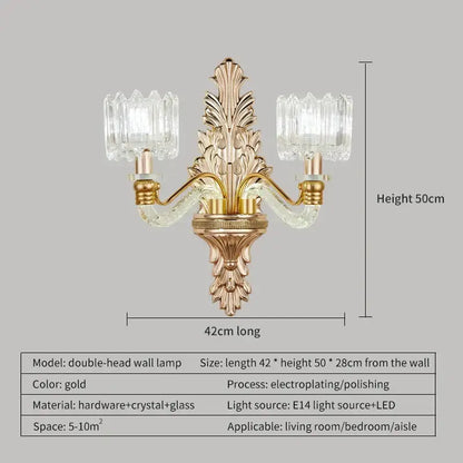 Gold double-head wall lamp with ornate leaf design and crystal glass shades from decorbites crystal chandelier collection