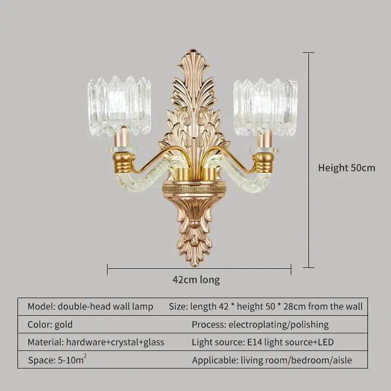 Gold double-head wall lamp with ornate leaf design and crystal glass shades from decorbites crystal chandelier collection