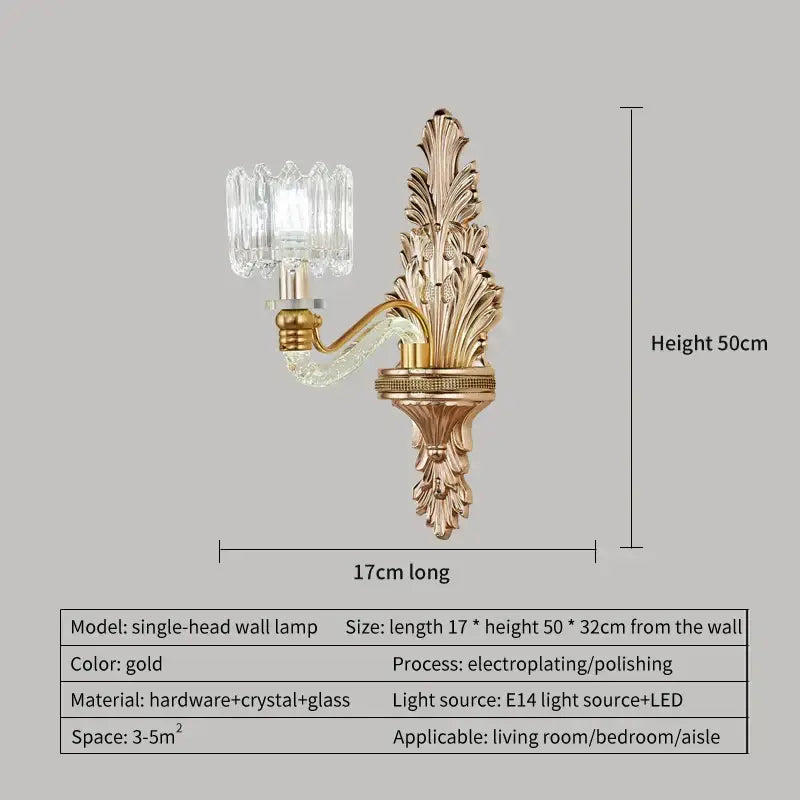 Gold decorbites crystal chandelier single-head wall lamp with ornate leaf design and crystal glass shade for living room