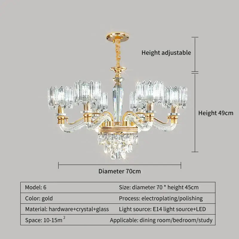 Gold electroplated decorbites crystal chandelier with crystal glass arms and hanging crystals 70cm diameter for elegant lighting