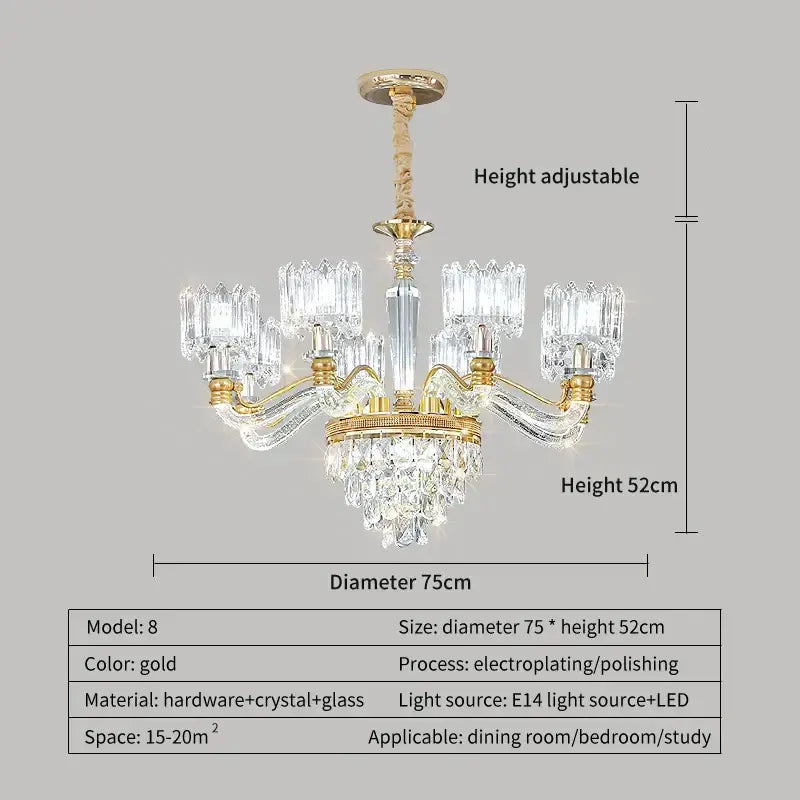 Gold-finished decorbites crystal chandelier with crystal glass arms and adjustable 52cm height for living room and bedroom