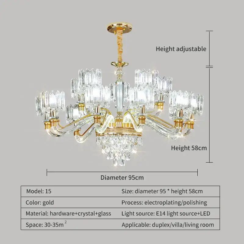Gold-finished decorbites crystal chandelier with crystal glass arms and adjustable 58cm height for living room or bedroom