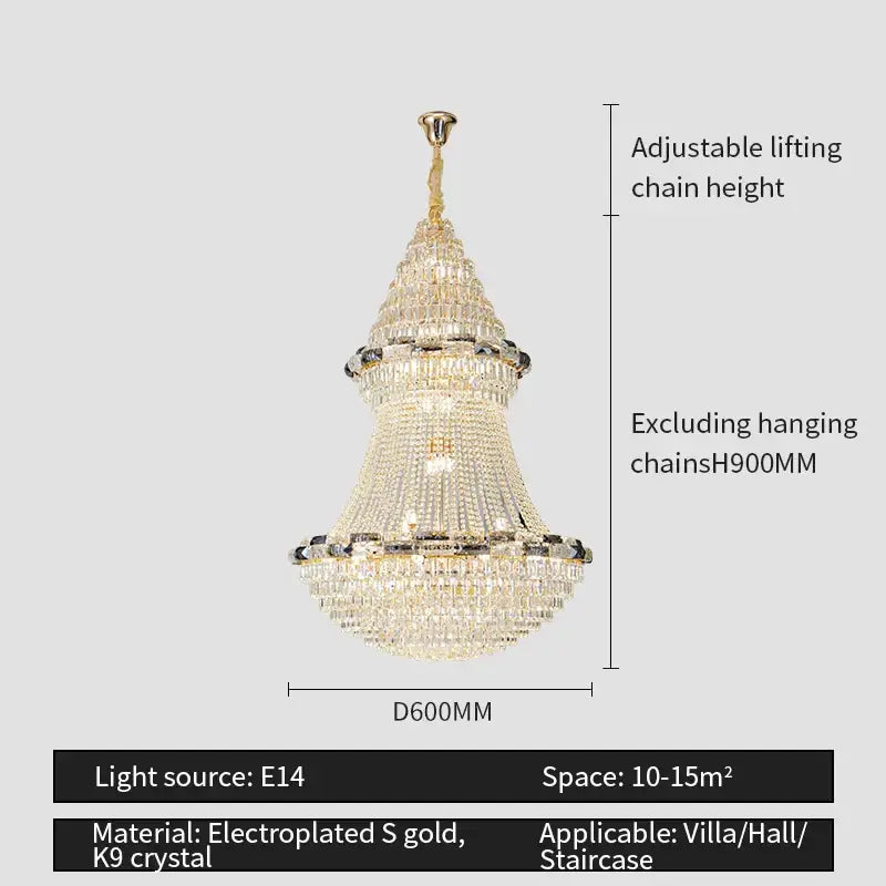 Luxurious gold-toned decorbites crystal chandelier with cascading k9 crystal tiers for elegant villa and staircase lighting