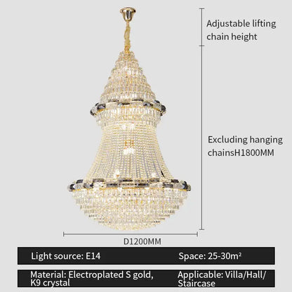 Decorbites crystal chandelier featuring tiered k9 crystal strands with s gold accents for elegant villa lighting