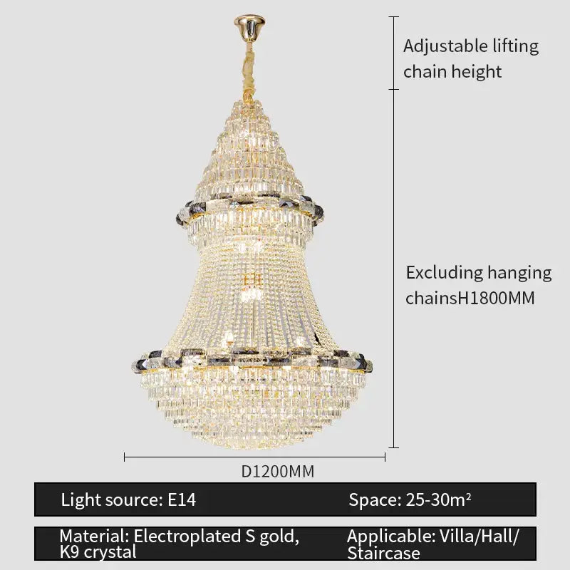Decorbites crystal chandelier featuring tiered k9 crystal strands with s gold accents for elegant villa lighting